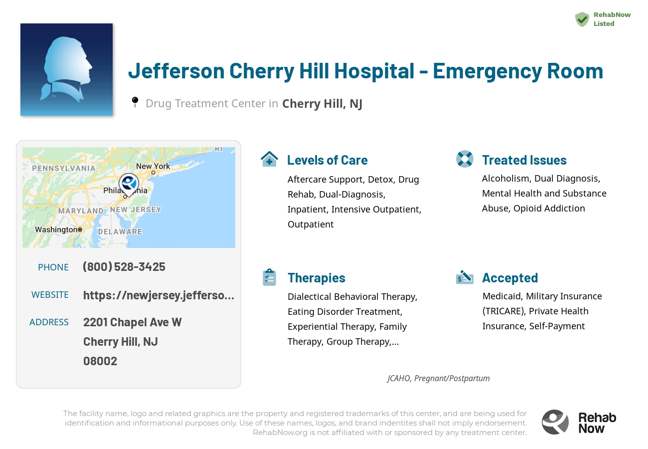 Helpful reference information for Jefferson Cherry Hill Hospital - Emergency Room, a drug treatment center in New Jersey located at: 2201 Chapel Ave W, Cherry Hill, NJ 08002, including phone numbers, official website, and more. Listed briefly is an overview of Levels of Care, Therapies Offered, Issues Treated, and accepted forms of Payment Methods.