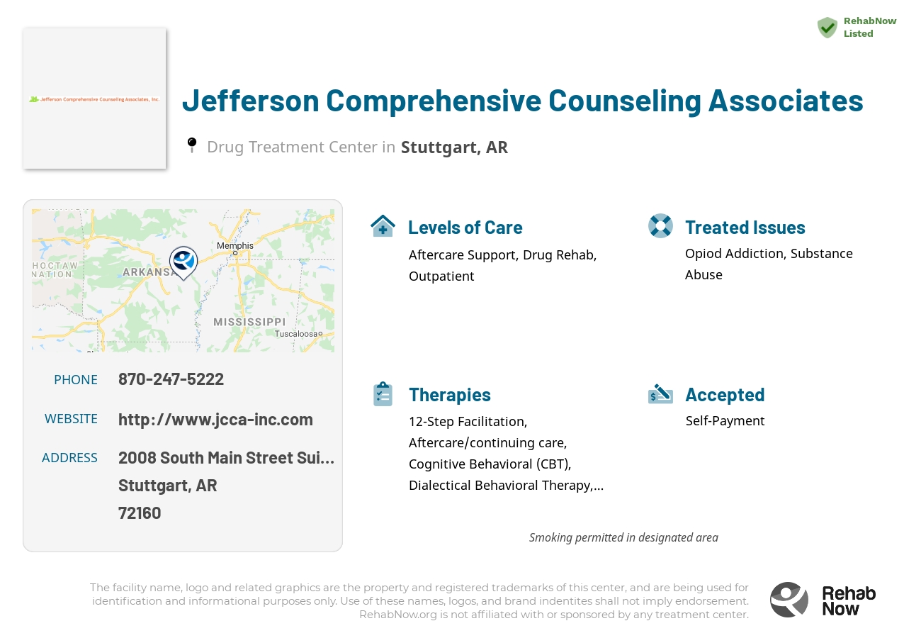 Helpful reference information for Jefferson Comprehensive Counseling Associates, a drug treatment center in Arkansas located at: 2008 South Main Street Suite A, Stuttgart, AR 72160, including phone numbers, official website, and more. Listed briefly is an overview of Levels of Care, Therapies Offered, Issues Treated, and accepted forms of Payment Methods.