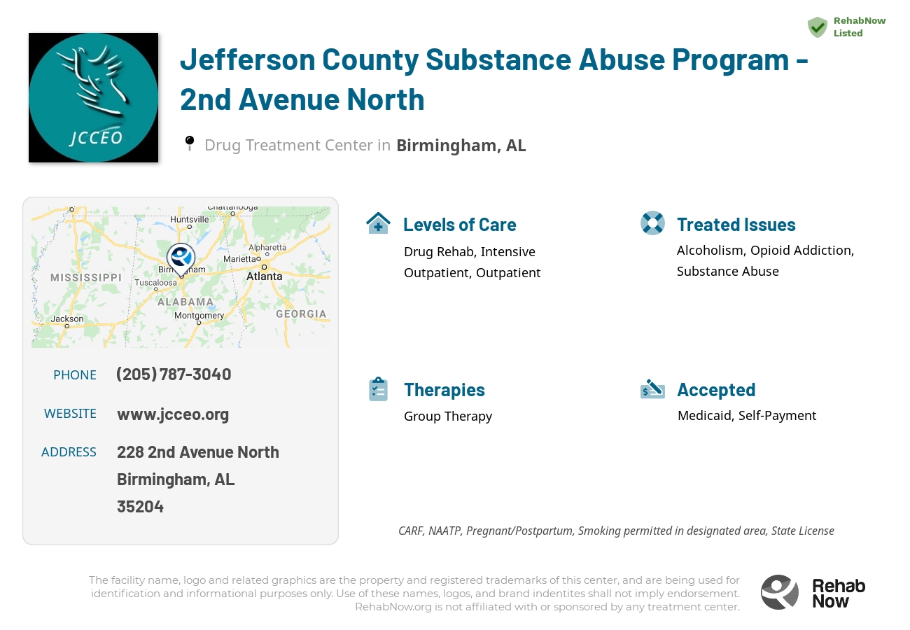 Helpful reference information for Jefferson County Substance Abuse Program - 2nd Avenue North, a drug treatment center in Alabama located at: 228 2nd Avenue North, Birmingham, AL, 35204, including phone numbers, official website, and more. Listed briefly is an overview of Levels of Care, Therapies Offered, Issues Treated, and accepted forms of Payment Methods.