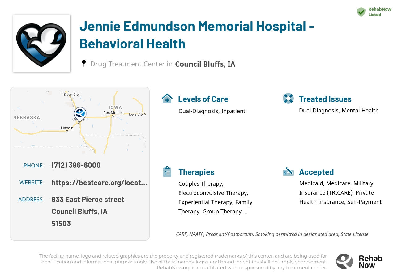 Helpful reference information for Jennie Edmundson Memorial Hospital - Behavioral Health, a drug treatment center in Iowa located at: 933 East Pierce street, Council Bluffs, IA, 51503, including phone numbers, official website, and more. Listed briefly is an overview of Levels of Care, Therapies Offered, Issues Treated, and accepted forms of Payment Methods.