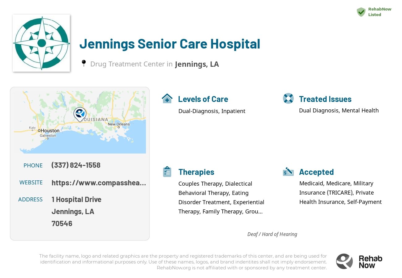 Helpful reference information for Jennings Senior Care Hospital, a drug treatment center in Louisiana located at: 1 Hospital Drive, Jennings, LA 70546, including phone numbers, official website, and more. Listed briefly is an overview of Levels of Care, Therapies Offered, Issues Treated, and accepted forms of Payment Methods.