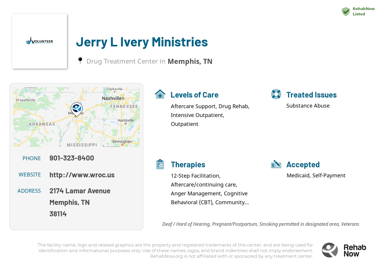 Helpful reference information for Jerry L Ivery Ministries, a drug treatment center in Tennessee located at: 2174 Lamar Avenue, Memphis, TN 38114, including phone numbers, official website, and more. Listed briefly is an overview of Levels of Care, Therapies Offered, Issues Treated, and accepted forms of Payment Methods.