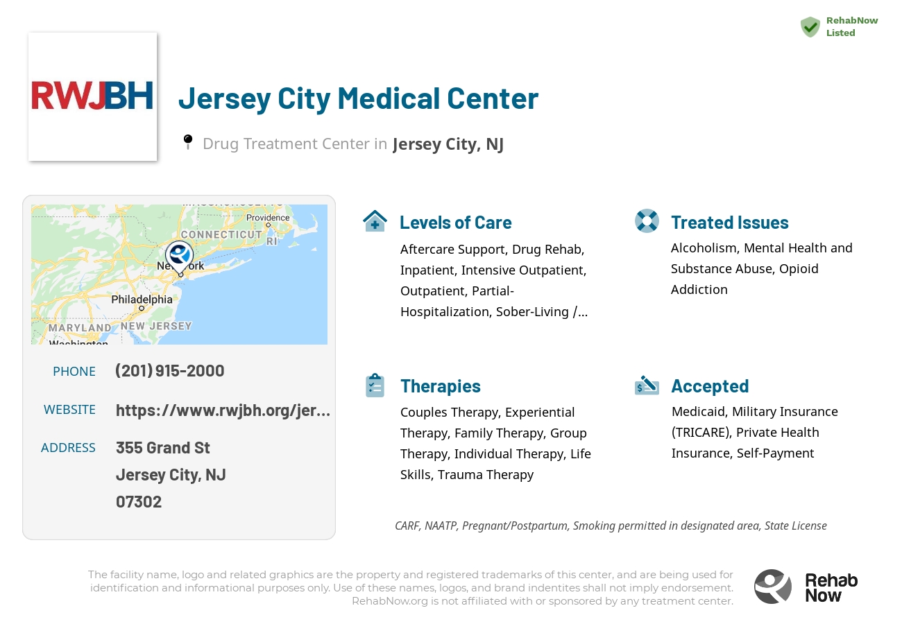 Helpful reference information for Jersey City Medical Center, a drug treatment center in New Jersey located at: 355 Grand St, Jersey City, NJ 07302, including phone numbers, official website, and more. Listed briefly is an overview of Levels of Care, Therapies Offered, Issues Treated, and accepted forms of Payment Methods.