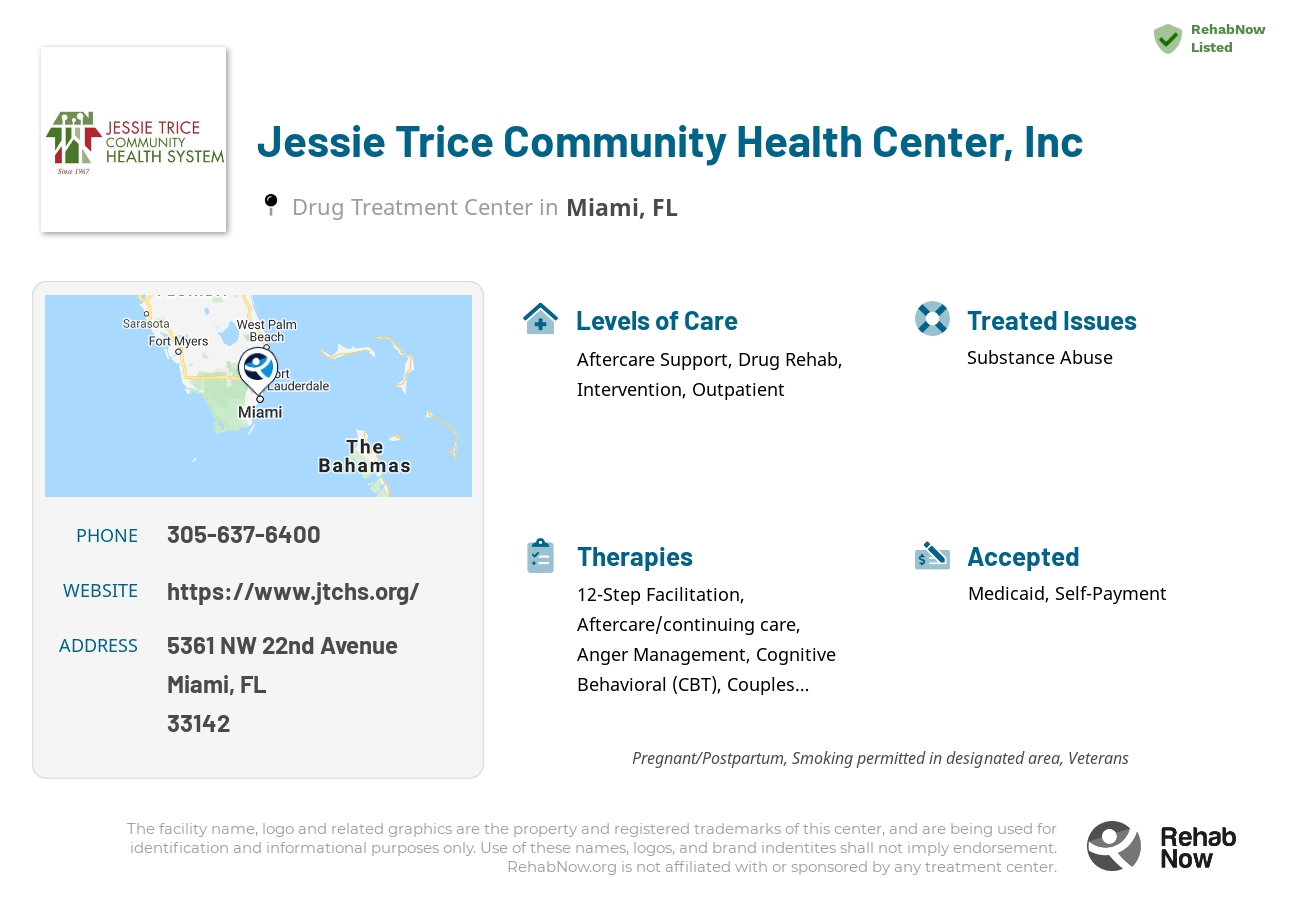 Helpful reference information for Jessie Trice Community Health Center, Inc, a drug treatment center in Florida located at: 5361 NW 22nd Avenue, Miami, FL 33142, including phone numbers, official website, and more. Listed briefly is an overview of Levels of Care, Therapies Offered, Issues Treated, and accepted forms of Payment Methods.
