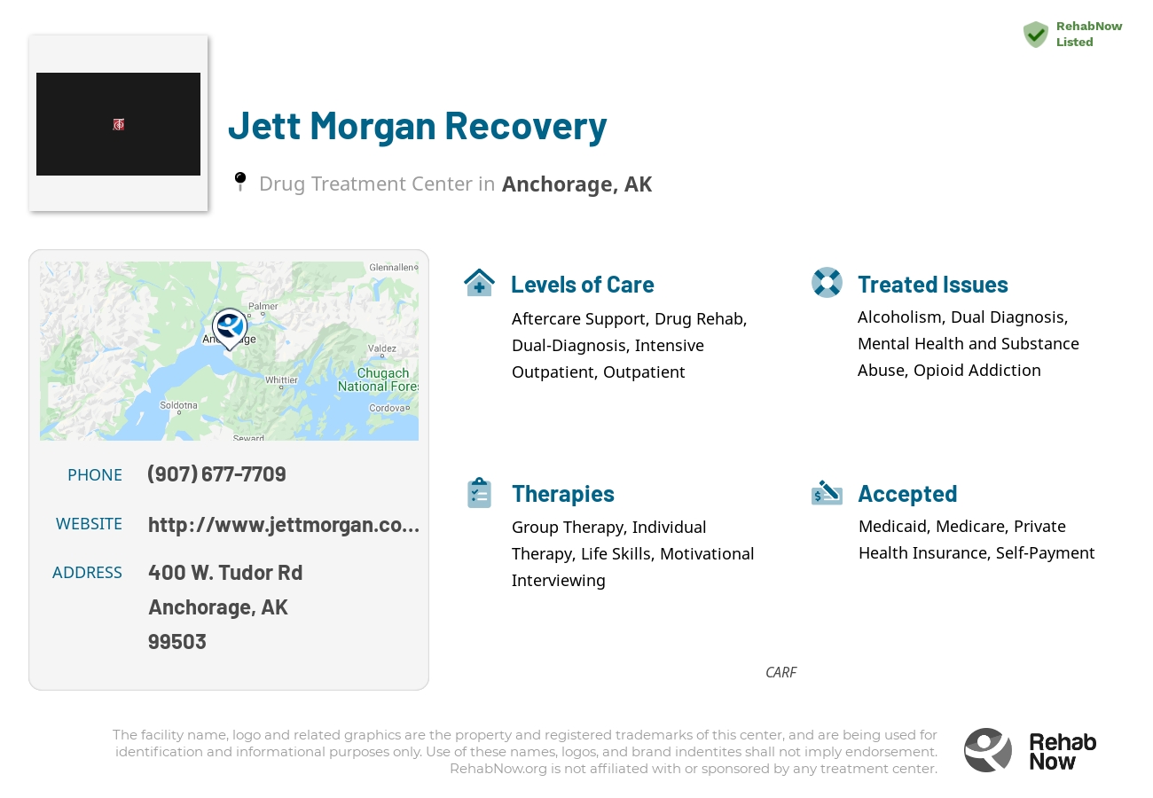 Helpful reference information for Jett Morgan Recovery, a drug treatment center in Alaska located at: 400 W. Tudor Rd, Anchorage, AK, 99503, including phone numbers, official website, and more. Listed briefly is an overview of Levels of Care, Therapies Offered, Issues Treated, and accepted forms of Payment Methods.