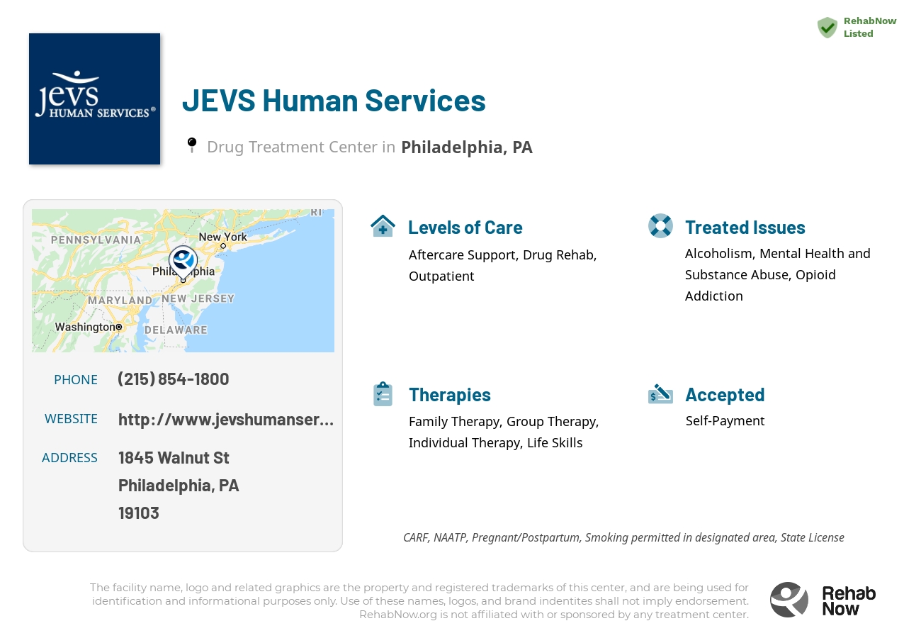 Helpful reference information for JEVS Human Services, a drug treatment center in Pennsylvania located at: 1845 Walnut St, Philadelphia, PA 19103, including phone numbers, official website, and more. Listed briefly is an overview of Levels of Care, Therapies Offered, Issues Treated, and accepted forms of Payment Methods.