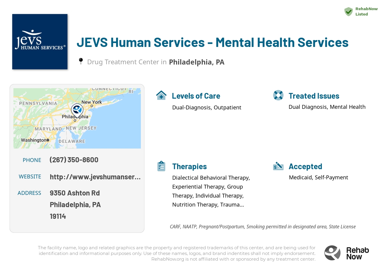 Helpful reference information for JEVS Human Services - Mental Health Services, a drug treatment center in Pennsylvania located at: 9350 Ashton Rd, Philadelphia, PA 19114, including phone numbers, official website, and more. Listed briefly is an overview of Levels of Care, Therapies Offered, Issues Treated, and accepted forms of Payment Methods.