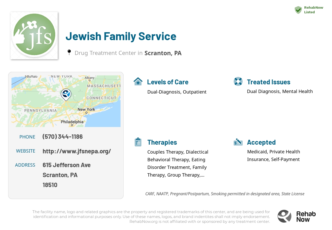 Helpful reference information for Jewish Family Service, a drug treatment center in Pennsylvania located at: 615 Jefferson Ave, Scranton, PA 18510, including phone numbers, official website, and more. Listed briefly is an overview of Levels of Care, Therapies Offered, Issues Treated, and accepted forms of Payment Methods.