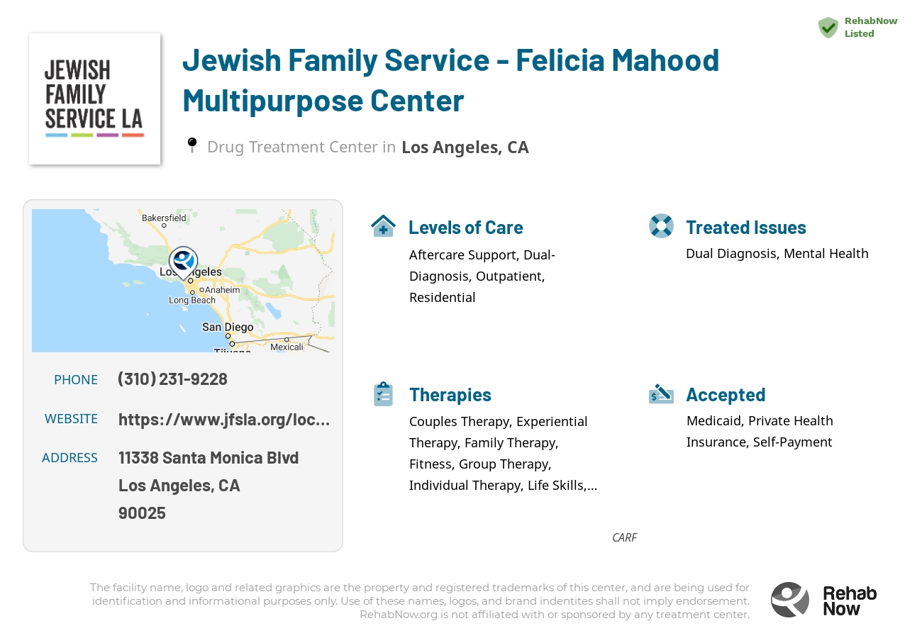 Helpful reference information for Jewish Family Service - Felicia Mahood Multipurpose Center, a drug treatment center in California located at: 11338 Santa Monica Blvd, Los Angeles, CA 90025, including phone numbers, official website, and more. Listed briefly is an overview of Levels of Care, Therapies Offered, Issues Treated, and accepted forms of Payment Methods.