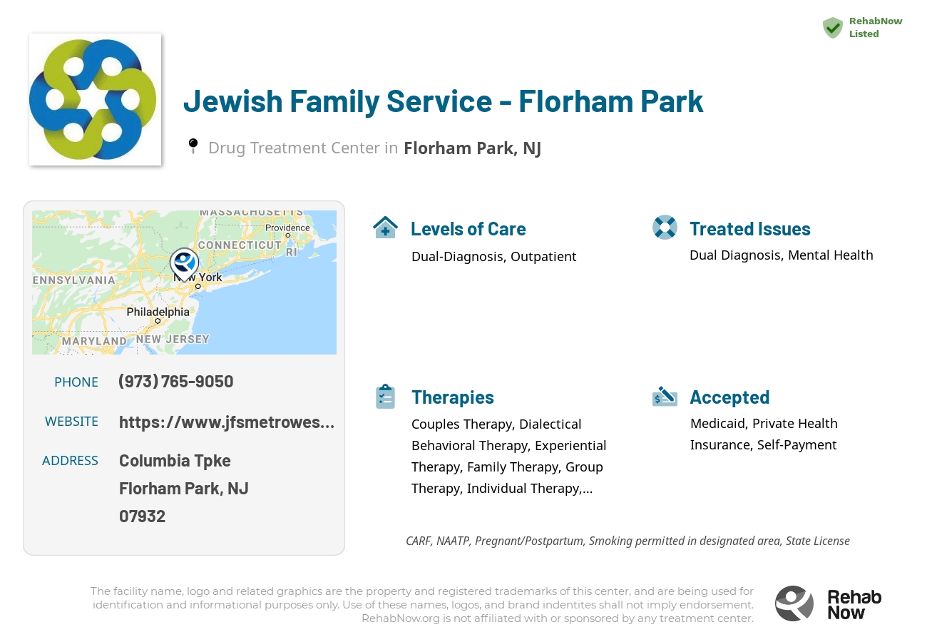 Helpful reference information for Jewish Family Service - Florham Park, a drug treatment center in New Jersey located at: Columbia Tpke, Florham Park, NJ 07932, including phone numbers, official website, and more. Listed briefly is an overview of Levels of Care, Therapies Offered, Issues Treated, and accepted forms of Payment Methods.