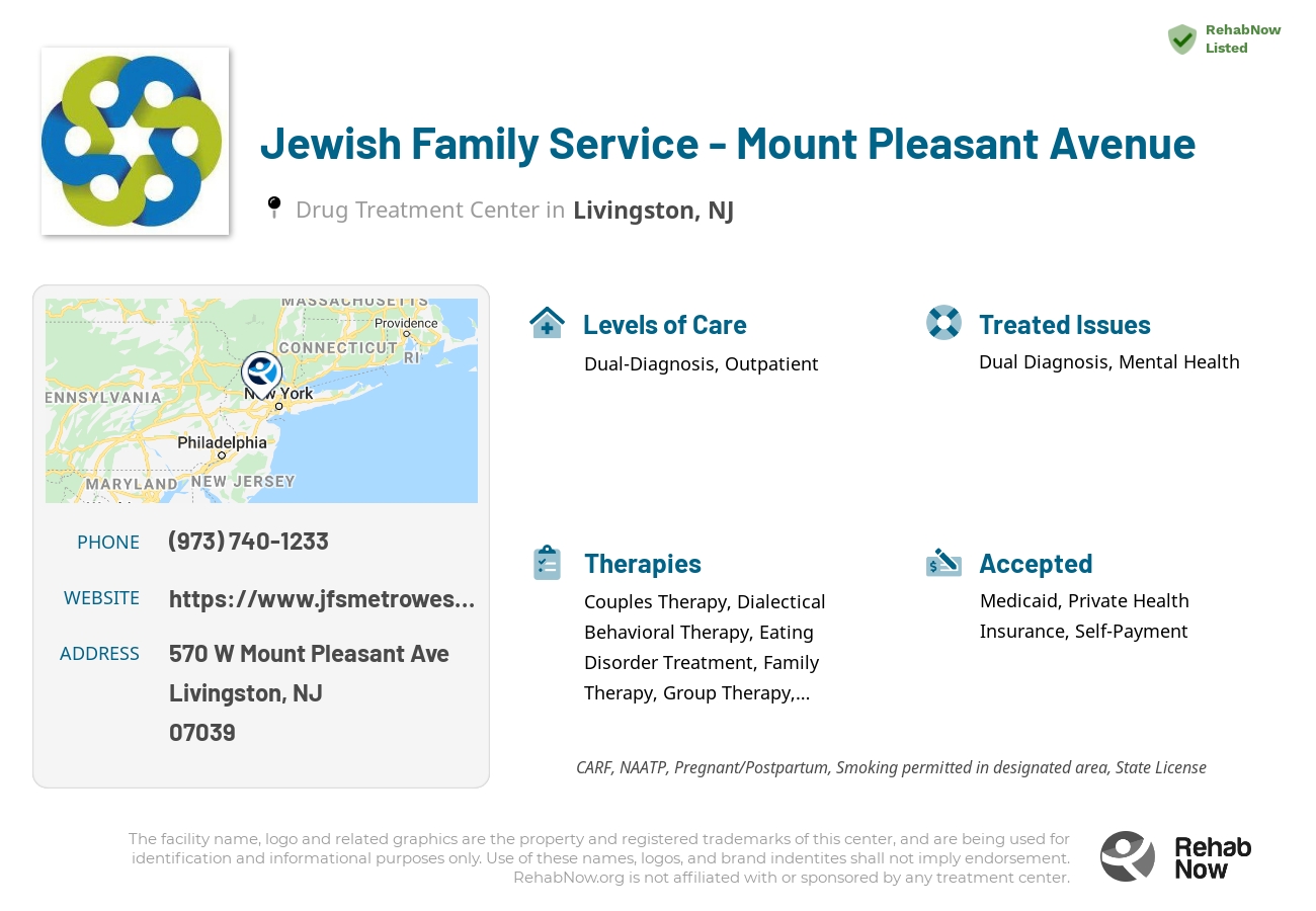 Helpful reference information for Jewish Family Service - Mount Pleasant Avenue, a drug treatment center in New Jersey located at: 570 W Mount Pleasant Ave, Livingston, NJ 07039, including phone numbers, official website, and more. Listed briefly is an overview of Levels of Care, Therapies Offered, Issues Treated, and accepted forms of Payment Methods.