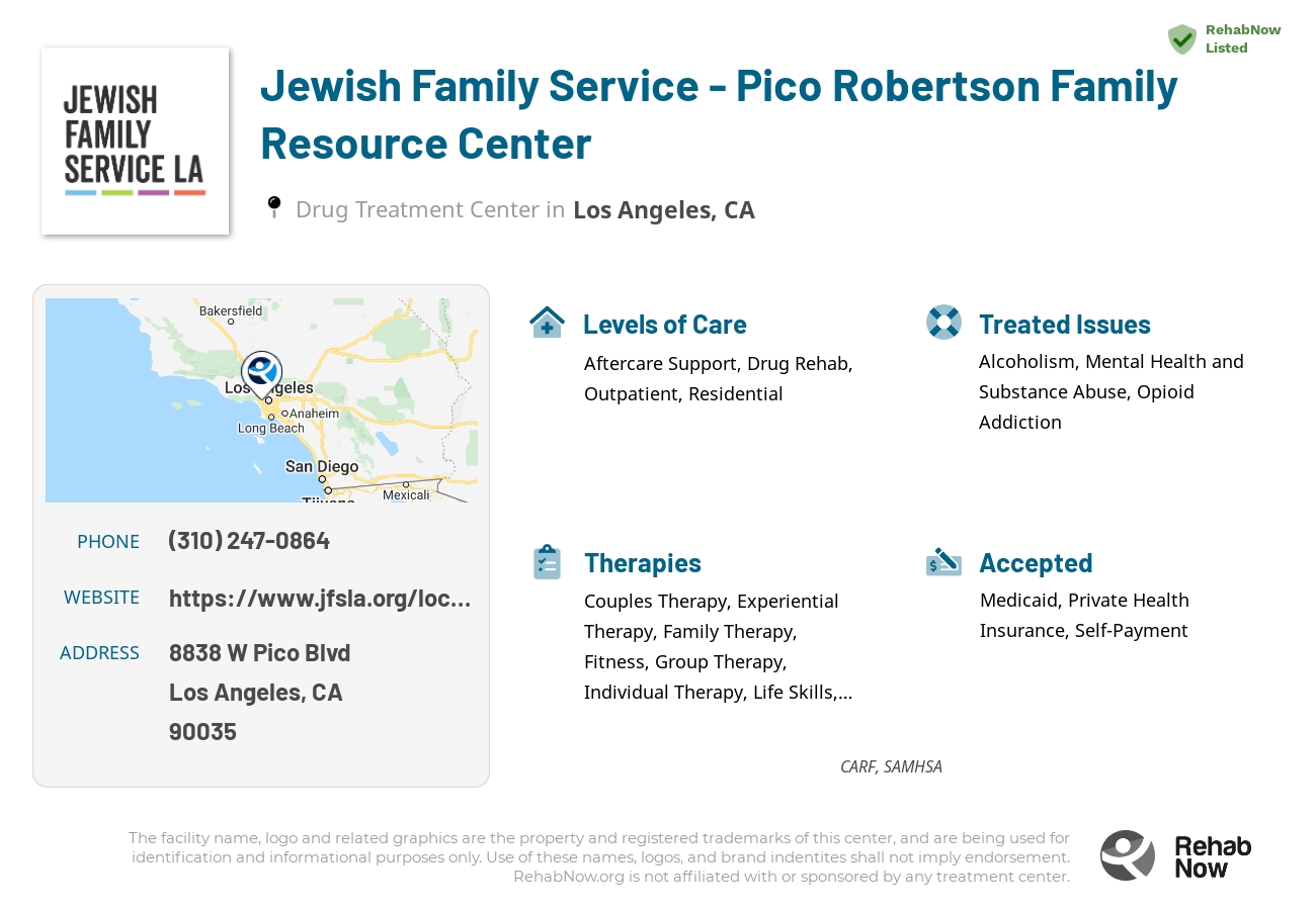 Helpful reference information for Jewish Family Service - Pico Robertson Family Resource Center, a drug treatment center in California located at: 8838 W Pico Blvd, Los Angeles, CA 90035, including phone numbers, official website, and more. Listed briefly is an overview of Levels of Care, Therapies Offered, Issues Treated, and accepted forms of Payment Methods.