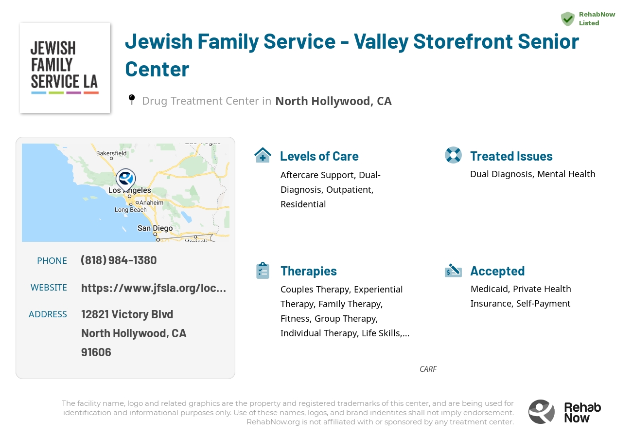 Helpful reference information for Jewish Family Service - Valley Storefront Senior Center, a drug treatment center in California located at: 12821 Victory Blvd, North Hollywood, CA 91606, including phone numbers, official website, and more. Listed briefly is an overview of Levels of Care, Therapies Offered, Issues Treated, and accepted forms of Payment Methods.
