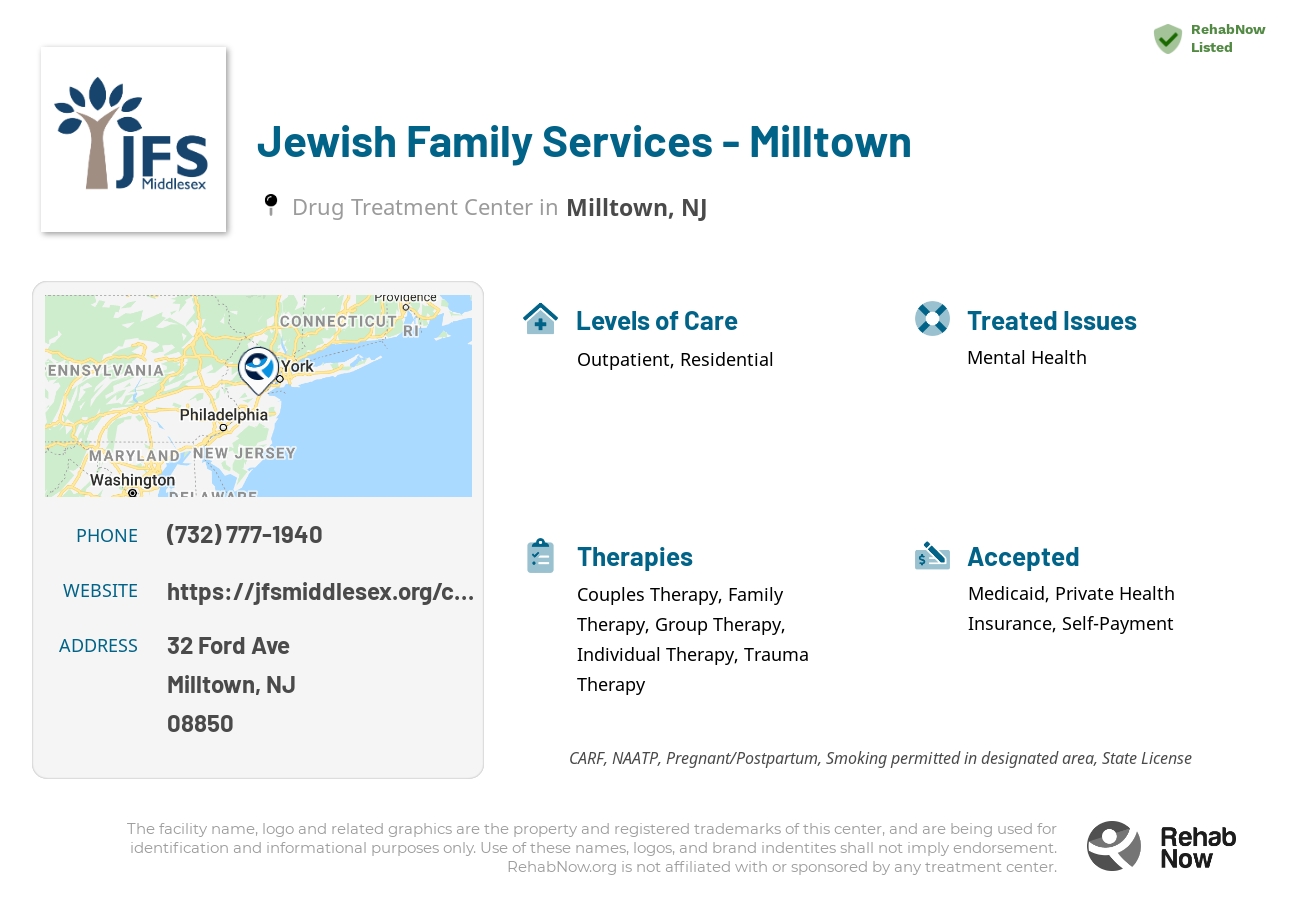 Helpful reference information for Jewish Family Services - Milltown, a drug treatment center in New Jersey located at: 32 Ford Ave, Milltown, NJ 08850, including phone numbers, official website, and more. Listed briefly is an overview of Levels of Care, Therapies Offered, Issues Treated, and accepted forms of Payment Methods.