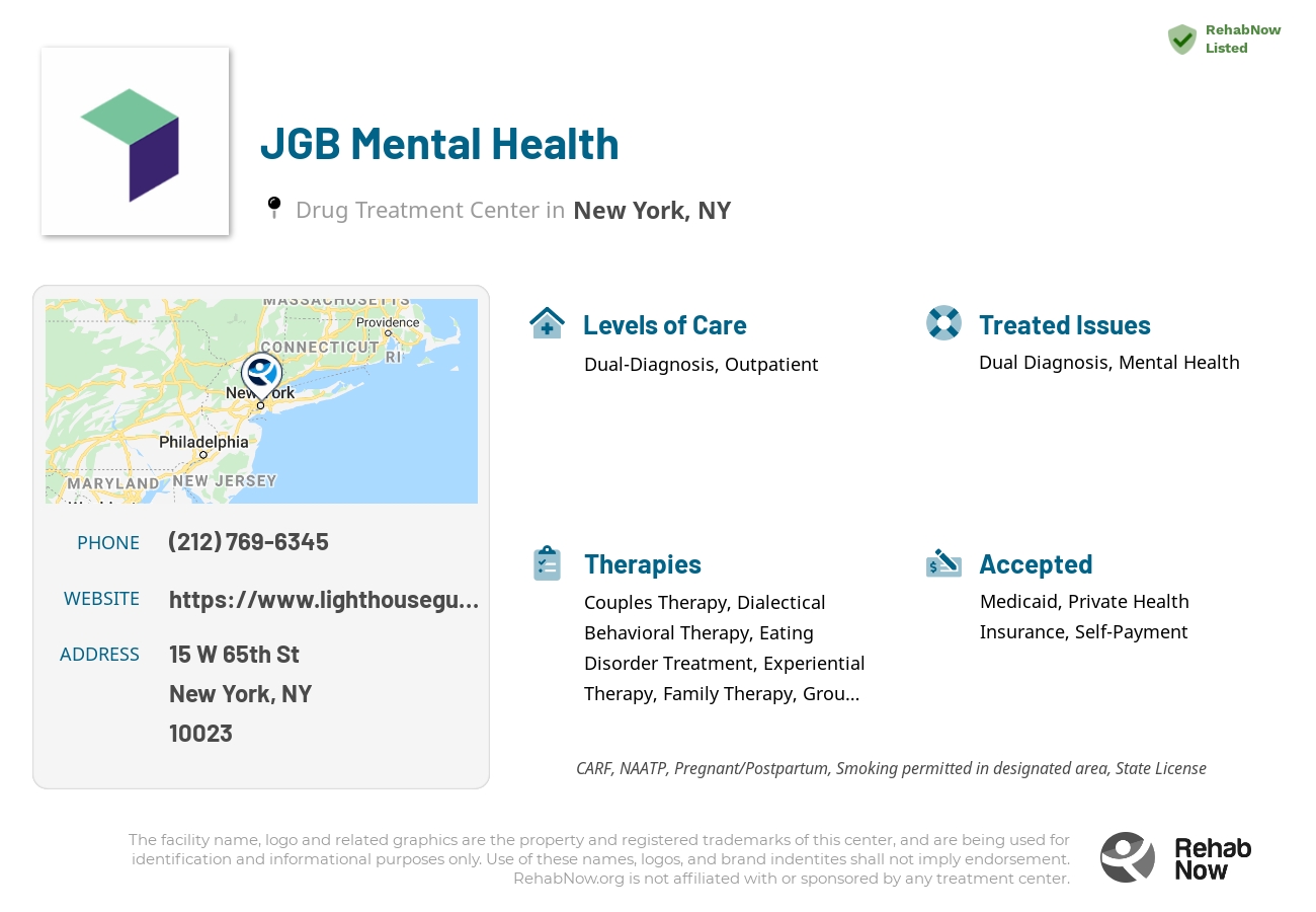 Helpful reference information for JGB Mental Health, a drug treatment center in New York located at: 15 W 65th St, New York, NY 10023, including phone numbers, official website, and more. Listed briefly is an overview of Levels of Care, Therapies Offered, Issues Treated, and accepted forms of Payment Methods.