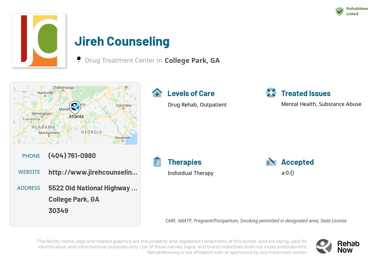 Helpful reference information for Jireh Counseling, a drug treatment center in Georgia located at: 5522 5522 Old National Highway Colle, College Park, GA 30349, including phone numbers, official website, and more. Listed briefly is an overview of Levels of Care, Therapies Offered, Issues Treated, and accepted forms of Payment Methods.