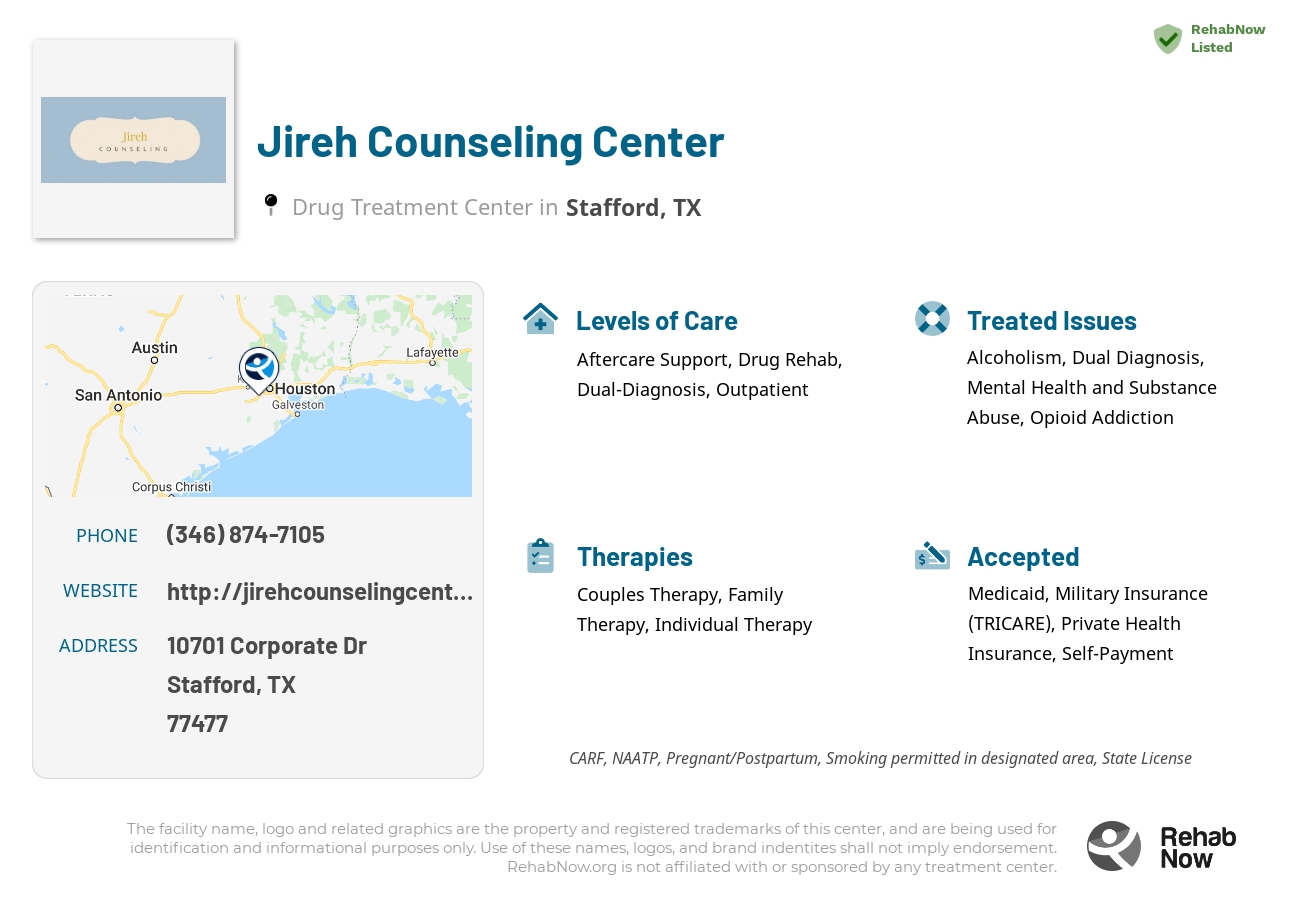 Helpful reference information for Jireh Counseling Center, a drug treatment center in Texas located at: 10701 Corporate Dr, Stafford, TX 77477, including phone numbers, official website, and more. Listed briefly is an overview of Levels of Care, Therapies Offered, Issues Treated, and accepted forms of Payment Methods.