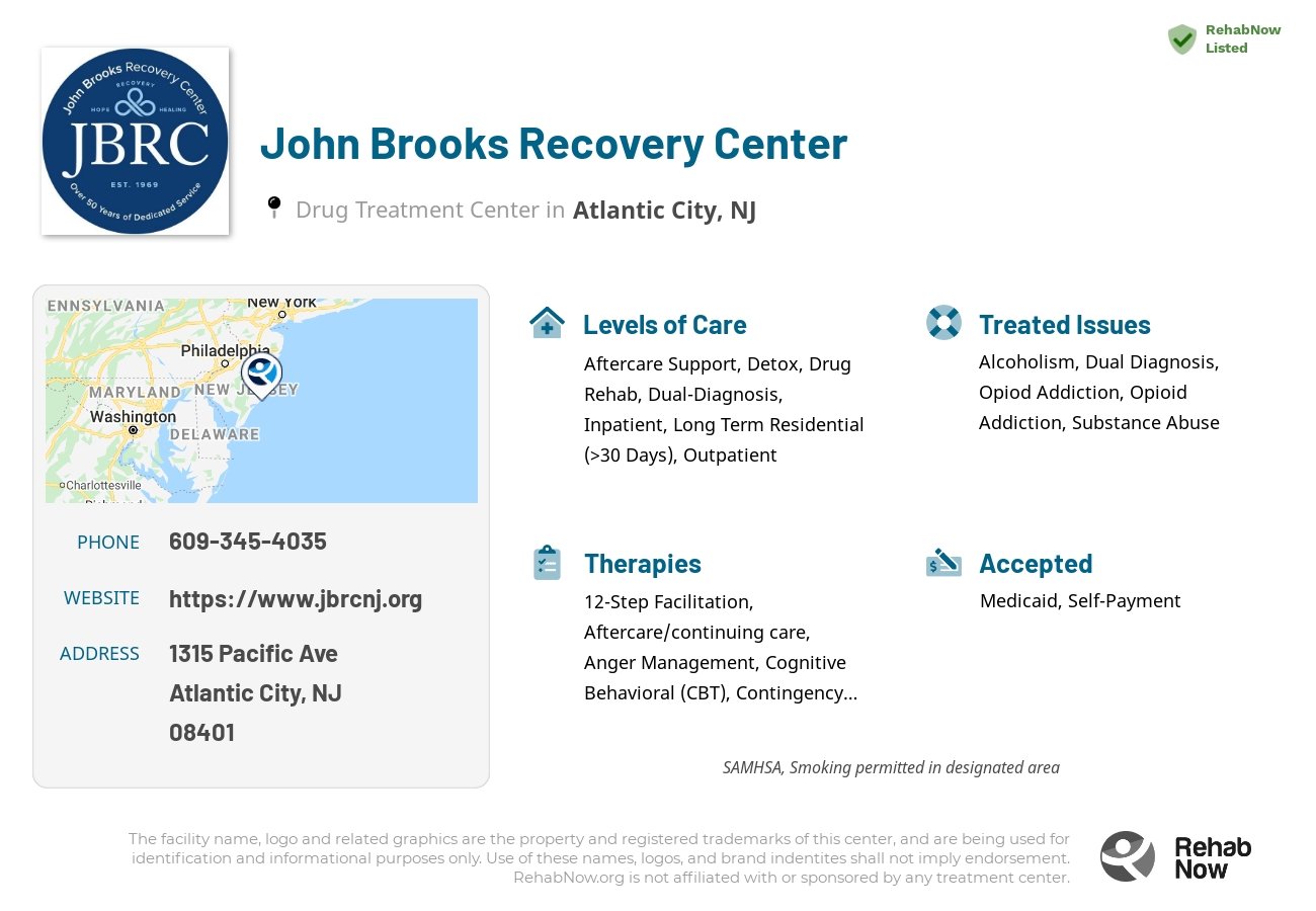 Helpful reference information for John Brooks Recovery Center, a drug treatment center in New Jersey located at: 1315 Pacific Ave, Atlantic City, NJ 08401, including phone numbers, official website, and more. Listed briefly is an overview of Levels of Care, Therapies Offered, Issues Treated, and accepted forms of Payment Methods.