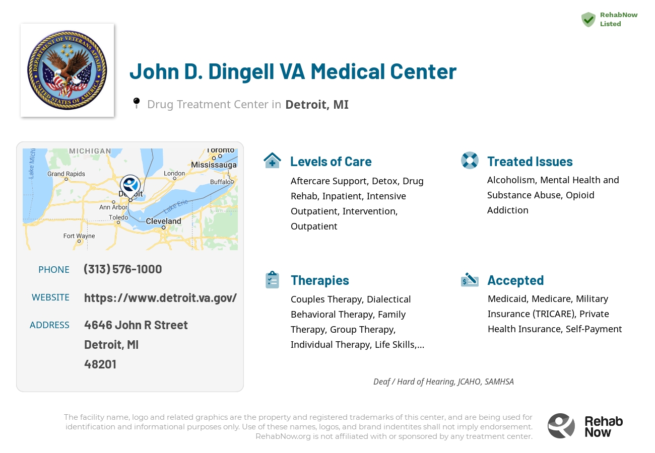 Helpful reference information for John D. Dingell VA Medical Center, a drug treatment center in Michigan located at: 4646 John R Street, Detroit, MI, 48201, including phone numbers, official website, and more. Listed briefly is an overview of Levels of Care, Therapies Offered, Issues Treated, and accepted forms of Payment Methods.