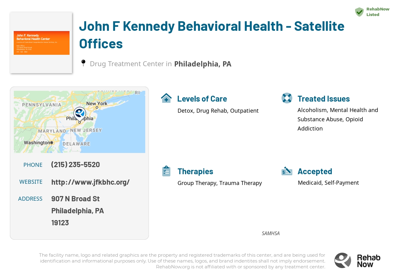 Helpful reference information for John F Kennedy Behavioral Health - Satellite Offices, a drug treatment center in Pennsylvania located at: 907 N Broad St, Philadelphia, PA 19123, including phone numbers, official website, and more. Listed briefly is an overview of Levels of Care, Therapies Offered, Issues Treated, and accepted forms of Payment Methods.