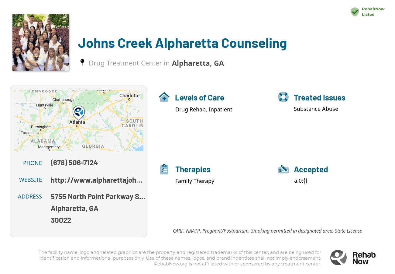 Helpful reference information for Johns Creek Alpharetta Counseling, a drug treatment center in Georgia located at: 5755 5755 North Point Parkway Suite 42, Alpharetta, GA 30022, including phone numbers, official website, and more. Listed briefly is an overview of Levels of Care, Therapies Offered, Issues Treated, and accepted forms of Payment Methods.