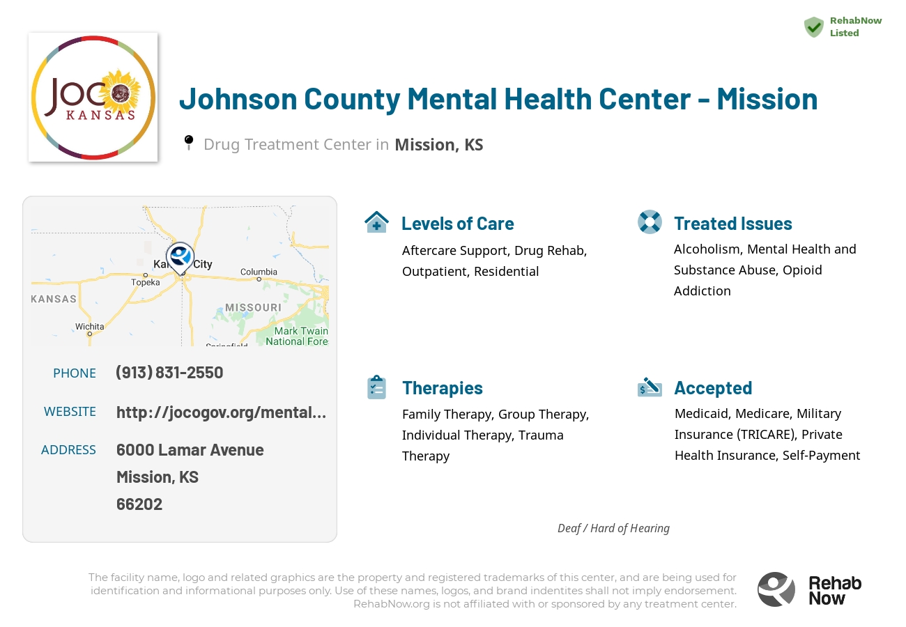 Helpful reference information for Johnson County Mental Health Center - Mission, a drug treatment center in Kansas located at: 6000 Lamar Avenue, Mission, KS, 66202, including phone numbers, official website, and more. Listed briefly is an overview of Levels of Care, Therapies Offered, Issues Treated, and accepted forms of Payment Methods.