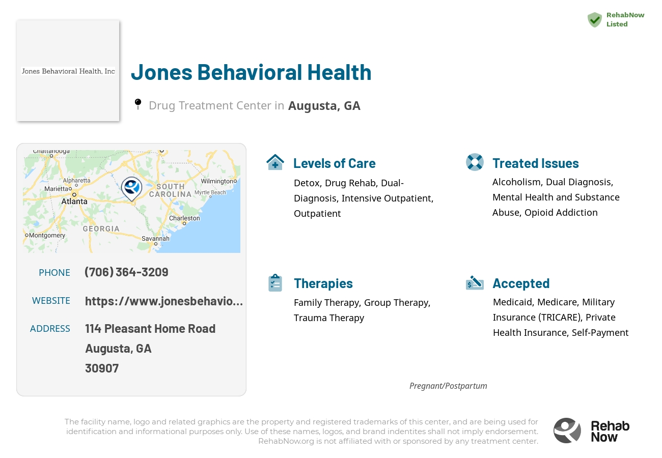 Helpful reference information for Jones Behavioral Health, a drug treatment center in Georgia located at: 114 114 Pleasant Home Road, Augusta, GA 30907, including phone numbers, official website, and more. Listed briefly is an overview of Levels of Care, Therapies Offered, Issues Treated, and accepted forms of Payment Methods.