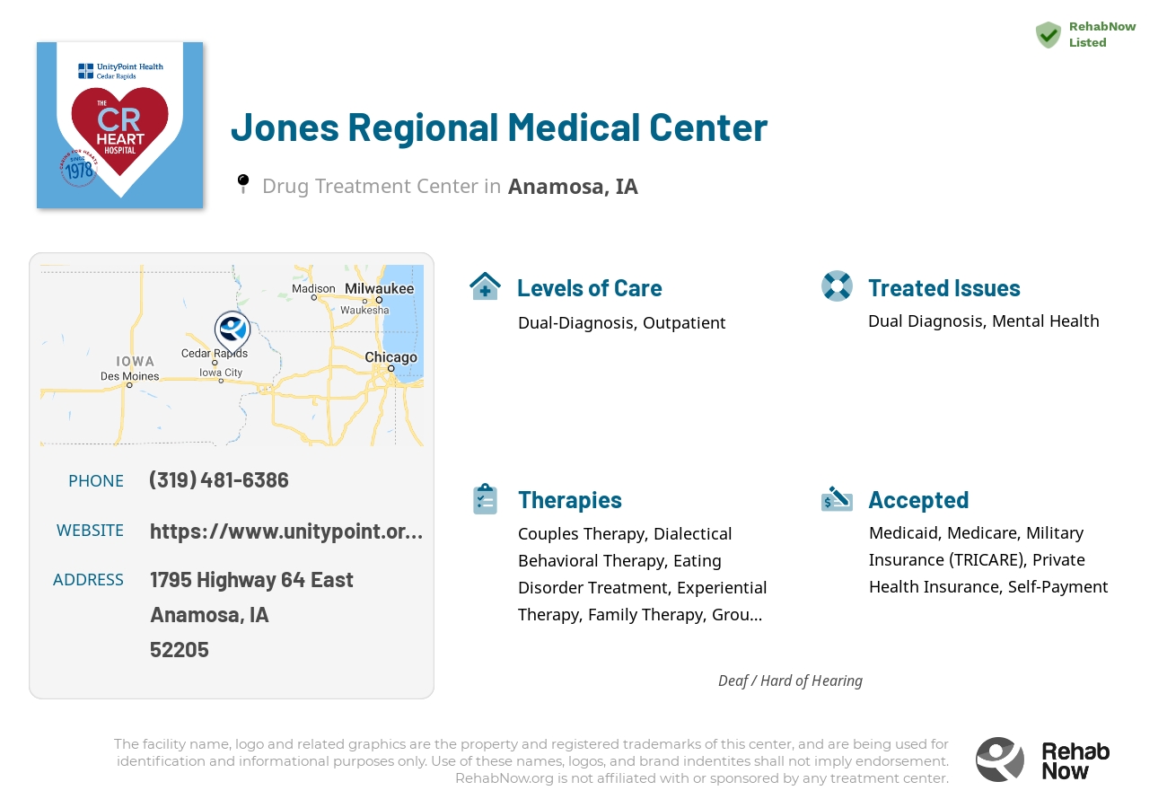 Helpful reference information for Jones Regional Medical Center, a drug treatment center in Iowa located at: 1795 Highway 64 East, Anamosa, IA, 52205, including phone numbers, official website, and more. Listed briefly is an overview of Levels of Care, Therapies Offered, Issues Treated, and accepted forms of Payment Methods.