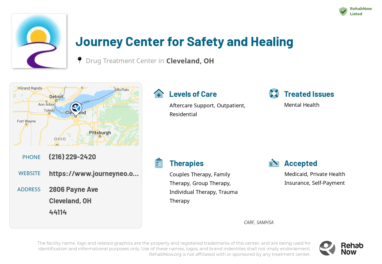 Helpful reference information for Journey Center for Safety and Healing, a drug treatment center in Ohio located at: 2806 Payne Ave, Cleveland, OH 44114, including phone numbers, official website, and more. Listed briefly is an overview of Levels of Care, Therapies Offered, Issues Treated, and accepted forms of Payment Methods.