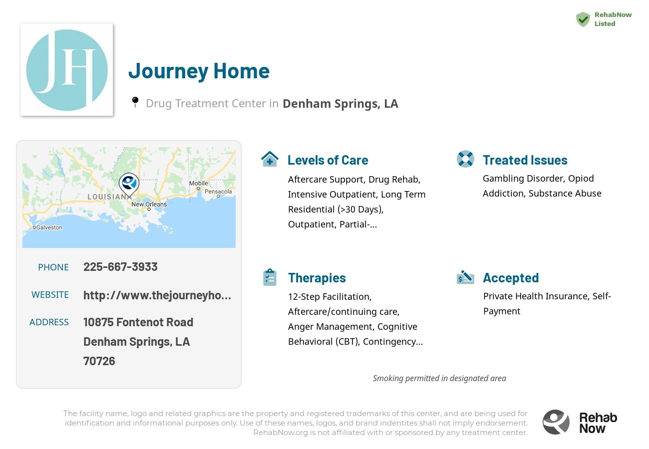 Helpful reference information for Journey Home, a drug treatment center in Louisiana located at: 10875 Fontenot Road, Denham Springs, LA 70726, including phone numbers, official website, and more. Listed briefly is an overview of Levels of Care, Therapies Offered, Issues Treated, and accepted forms of Payment Methods.