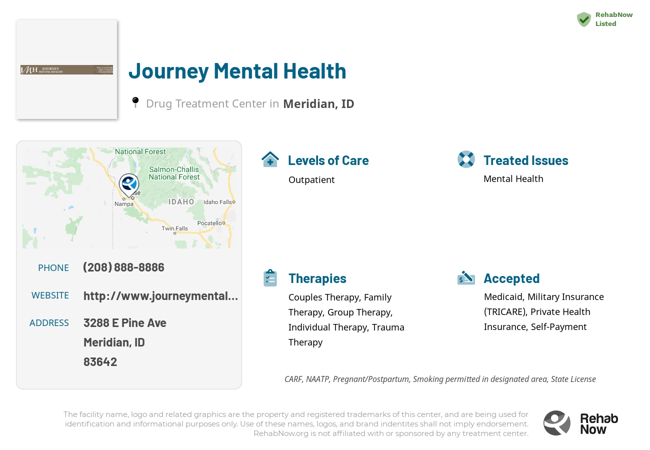 Helpful reference information for Journey Mental Health, a drug treatment center in Idaho located at: 3288 E Pine Ave, Meridian, ID 83642, including phone numbers, official website, and more. Listed briefly is an overview of Levels of Care, Therapies Offered, Issues Treated, and accepted forms of Payment Methods.