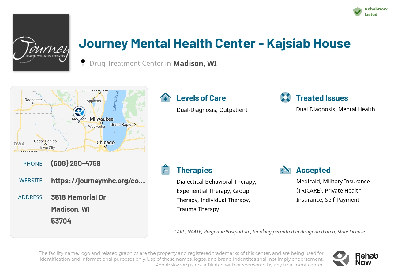Helpful reference information for Journey Mental Health Center - Kajsiab House, a drug treatment center in Wisconsin located at: 3518 Memorial Dr, Madison, WI 53704, including phone numbers, official website, and more. Listed briefly is an overview of Levels of Care, Therapies Offered, Issues Treated, and accepted forms of Payment Methods.