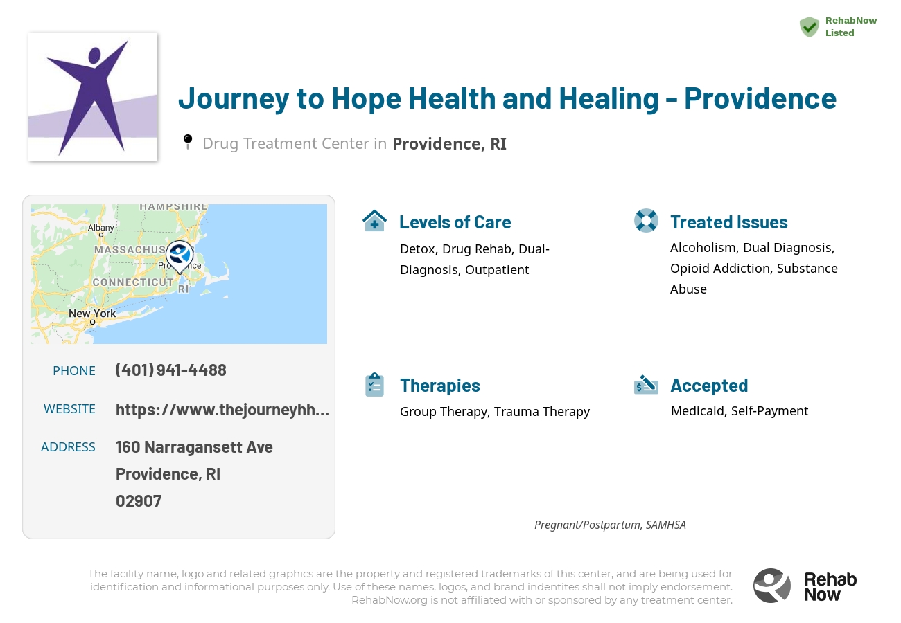 Helpful reference information for Journey to Hope Health and Healing - Providence, a drug treatment center in Rhode Island located at: 160 Narragansett Ave, Providence, RI 02907, including phone numbers, official website, and more. Listed briefly is an overview of Levels of Care, Therapies Offered, Issues Treated, and accepted forms of Payment Methods.