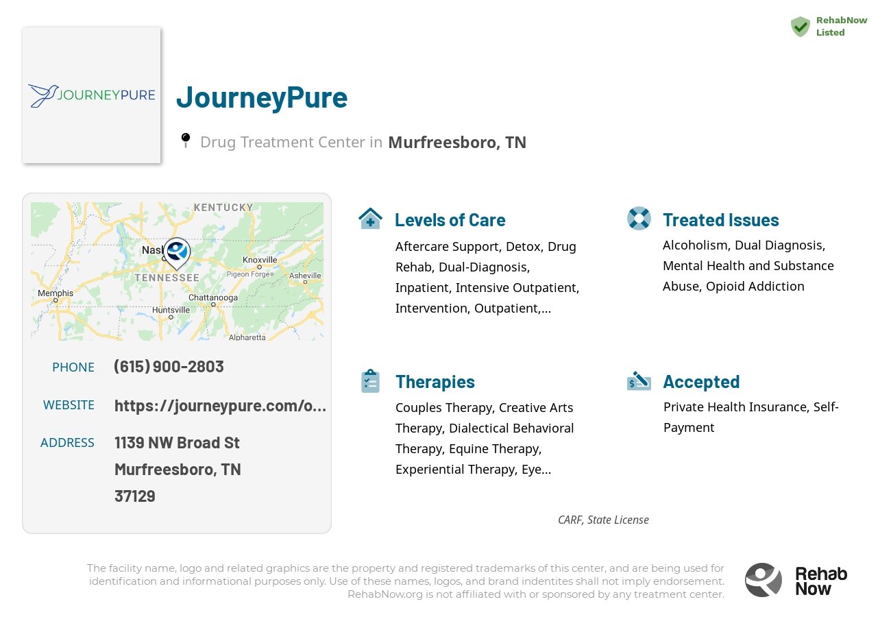 Helpful reference information for JourneyPure, a drug treatment center in Tennessee located at: 1139 NW Broad St, Murfreesboro, TN 37129, including phone numbers, official website, and more. Listed briefly is an overview of Levels of Care, Therapies Offered, Issues Treated, and accepted forms of Payment Methods.