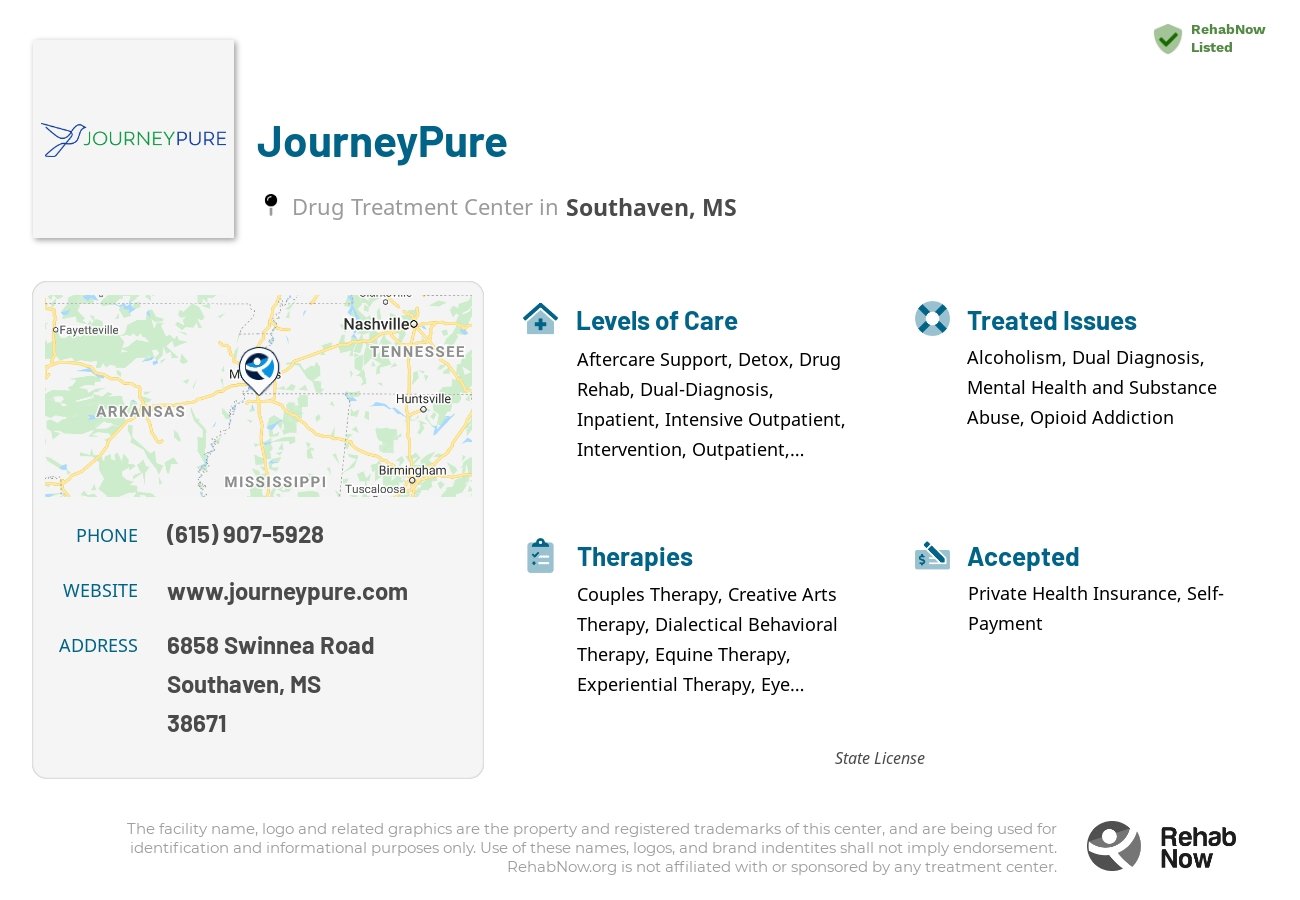 Helpful reference information for JourneyPure, a drug treatment center in Mississippi located at: 6858 6858 Swinnea Road, Southaven, MS 38671, including phone numbers, official website, and more. Listed briefly is an overview of Levels of Care, Therapies Offered, Issues Treated, and accepted forms of Payment Methods.
