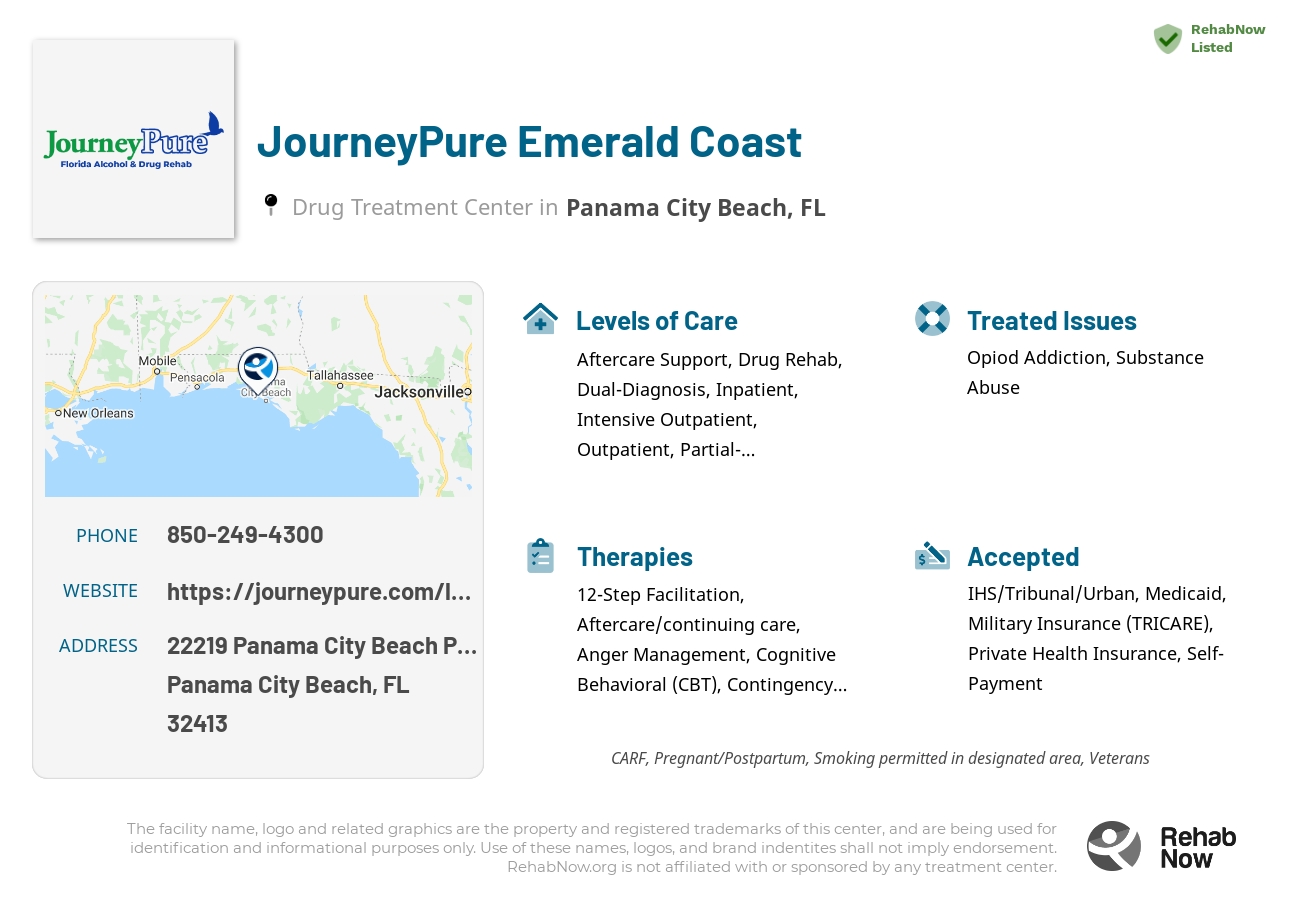 Helpful reference information for JourneyPure Emerald Coast, a drug treatment center in Florida located at: 22219 Panama City Beach Parkway, Panama City Beach, FL 32413, including phone numbers, official website, and more. Listed briefly is an overview of Levels of Care, Therapies Offered, Issues Treated, and accepted forms of Payment Methods.