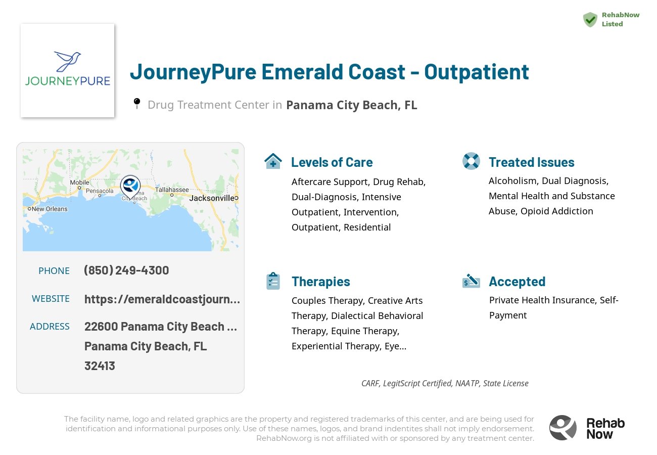 Helpful reference information for JourneyPure Emerald Coast - Outpatient, a drug treatment center in Florida located at: 22600 Panama City Beach Parkway, Panama City Beach, FL, 32413, including phone numbers, official website, and more. Listed briefly is an overview of Levels of Care, Therapies Offered, Issues Treated, and accepted forms of Payment Methods.