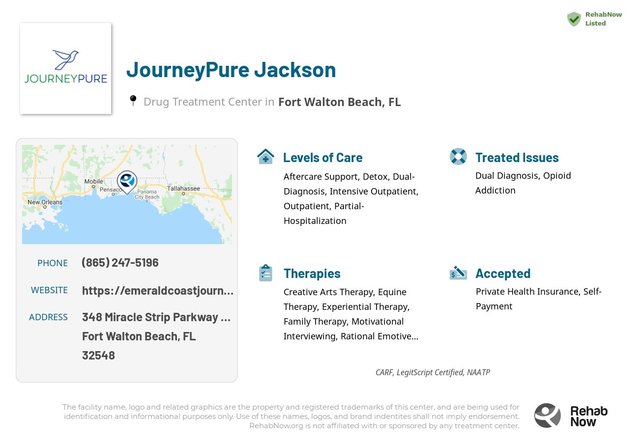 Helpful reference information for JourneyPure Jackson, a drug treatment center in Florida located at: 348 Miracle Strip Parkway Southwest, Fort Walton Beach, FL, 32548, including phone numbers, official website, and more. Listed briefly is an overview of Levels of Care, Therapies Offered, Issues Treated, and accepted forms of Payment Methods.