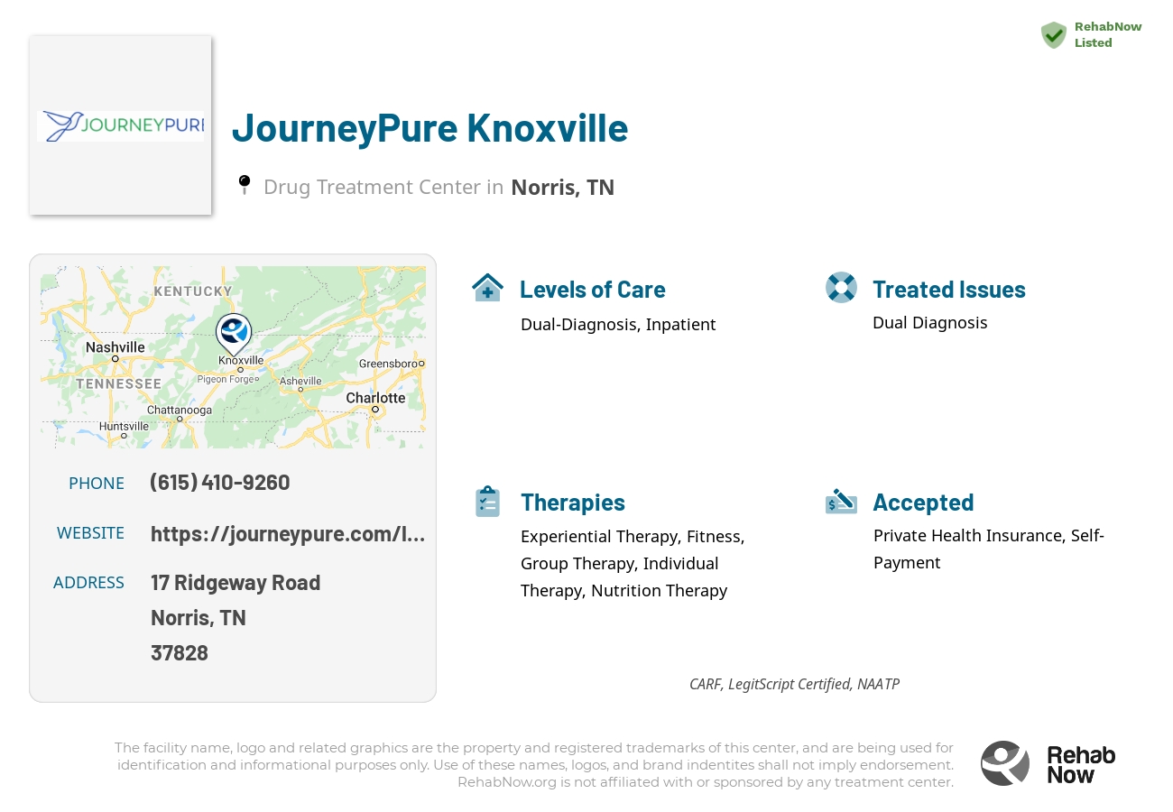 Helpful reference information for JourneyPure Knoxville, a drug treatment center in Tennessee located at: 17 Ridgeway Road, Norris, TN, 37828, including phone numbers, official website, and more. Listed briefly is an overview of Levels of Care, Therapies Offered, Issues Treated, and accepted forms of Payment Methods.