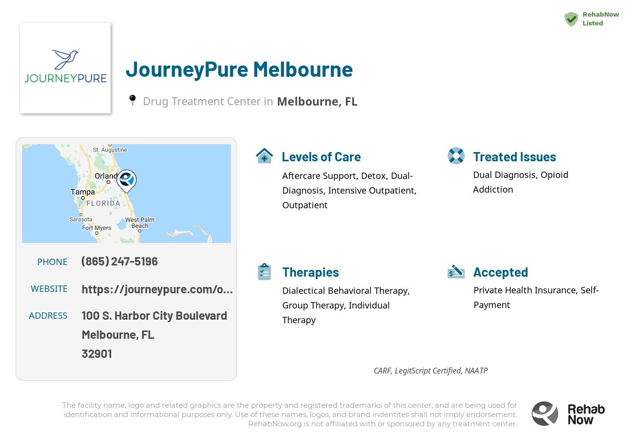 Helpful reference information for JourneyPure Melbourne, a drug treatment center in Florida located at: 100 S. Harbor City Boulevard, Melbourne, FL, 32901, including phone numbers, official website, and more. Listed briefly is an overview of Levels of Care, Therapies Offered, Issues Treated, and accepted forms of Payment Methods.