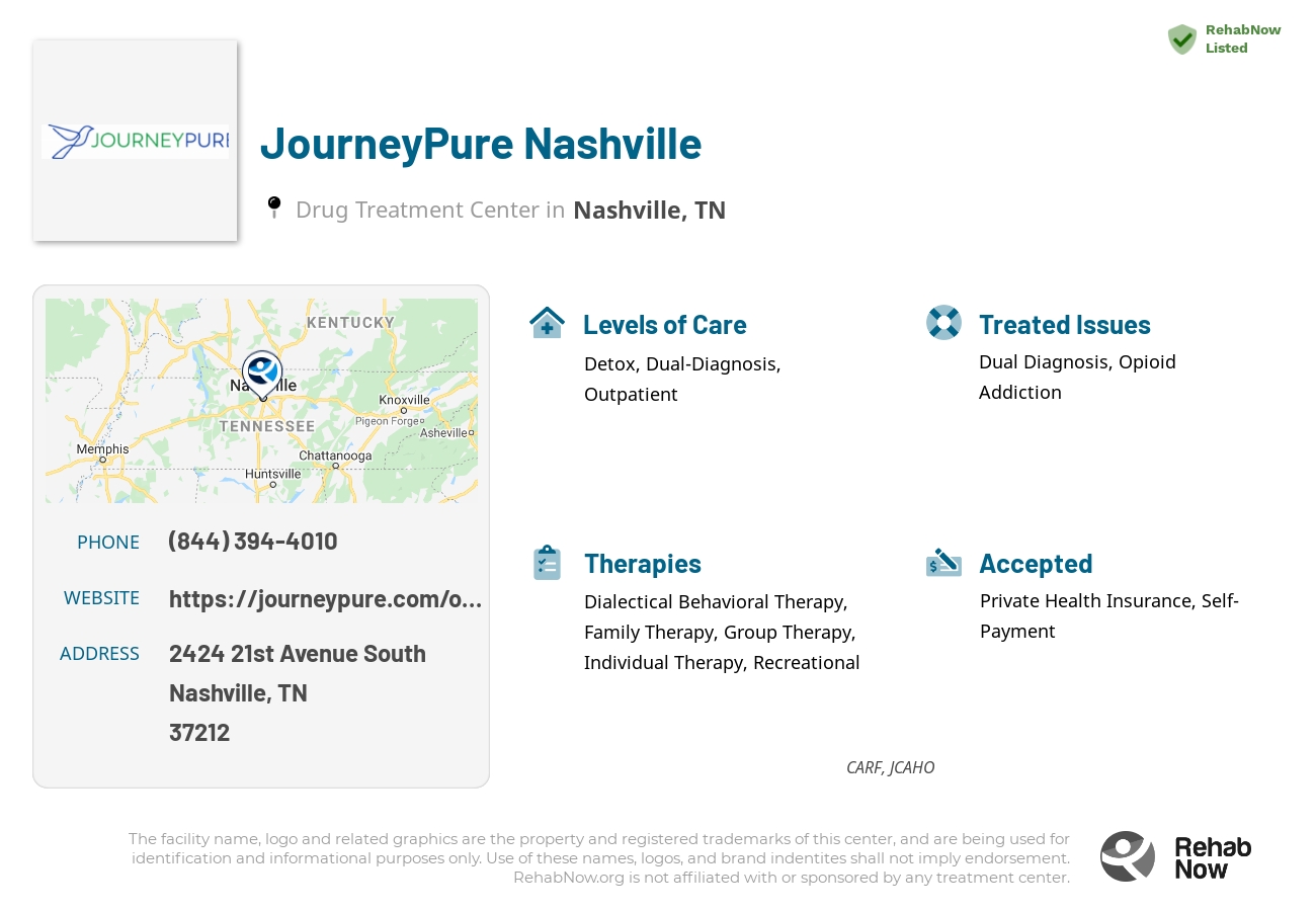 Helpful reference information for JourneyPure Nashville, a drug treatment center in Tennessee located at: 2424 21st Avenue South, Nashville, TN, 37212, including phone numbers, official website, and more. Listed briefly is an overview of Levels of Care, Therapies Offered, Issues Treated, and accepted forms of Payment Methods.