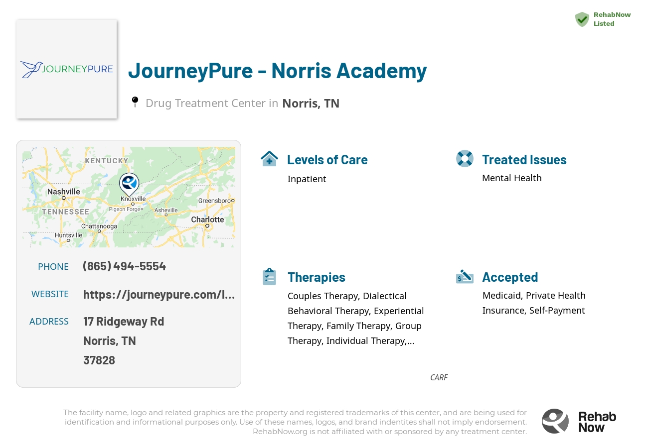 Helpful reference information for JourneyPure - Norris Academy, a drug treatment center in Tennessee located at: 17 Ridgeway Rd, Norris, TN 37828, including phone numbers, official website, and more. Listed briefly is an overview of Levels of Care, Therapies Offered, Issues Treated, and accepted forms of Payment Methods.
