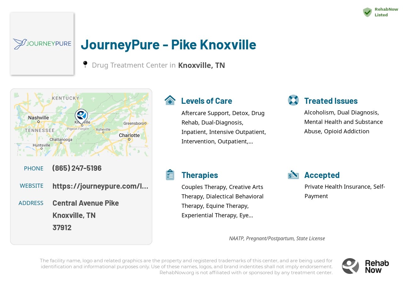 Helpful reference information for JourneyPure - Pike Knoxville, a drug treatment center in Tennessee located at: Central Avenue Pike, Knoxville, TN 37912, including phone numbers, official website, and more. Listed briefly is an overview of Levels of Care, Therapies Offered, Issues Treated, and accepted forms of Payment Methods.