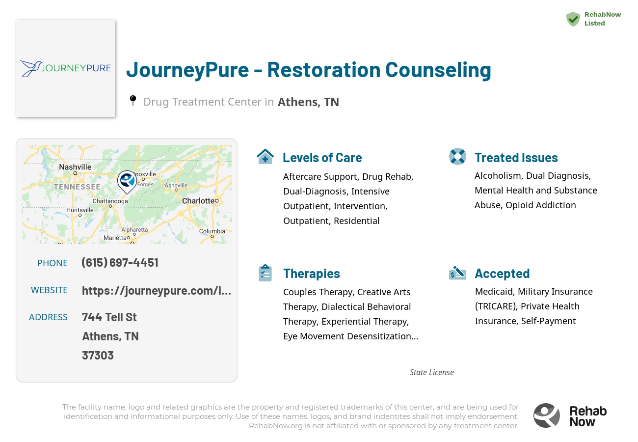Helpful reference information for JourneyPure - Restoration Counseling, a drug treatment center in Tennessee located at: 744 Tell St, Athens, TN 37303, including phone numbers, official website, and more. Listed briefly is an overview of Levels of Care, Therapies Offered, Issues Treated, and accepted forms of Payment Methods.