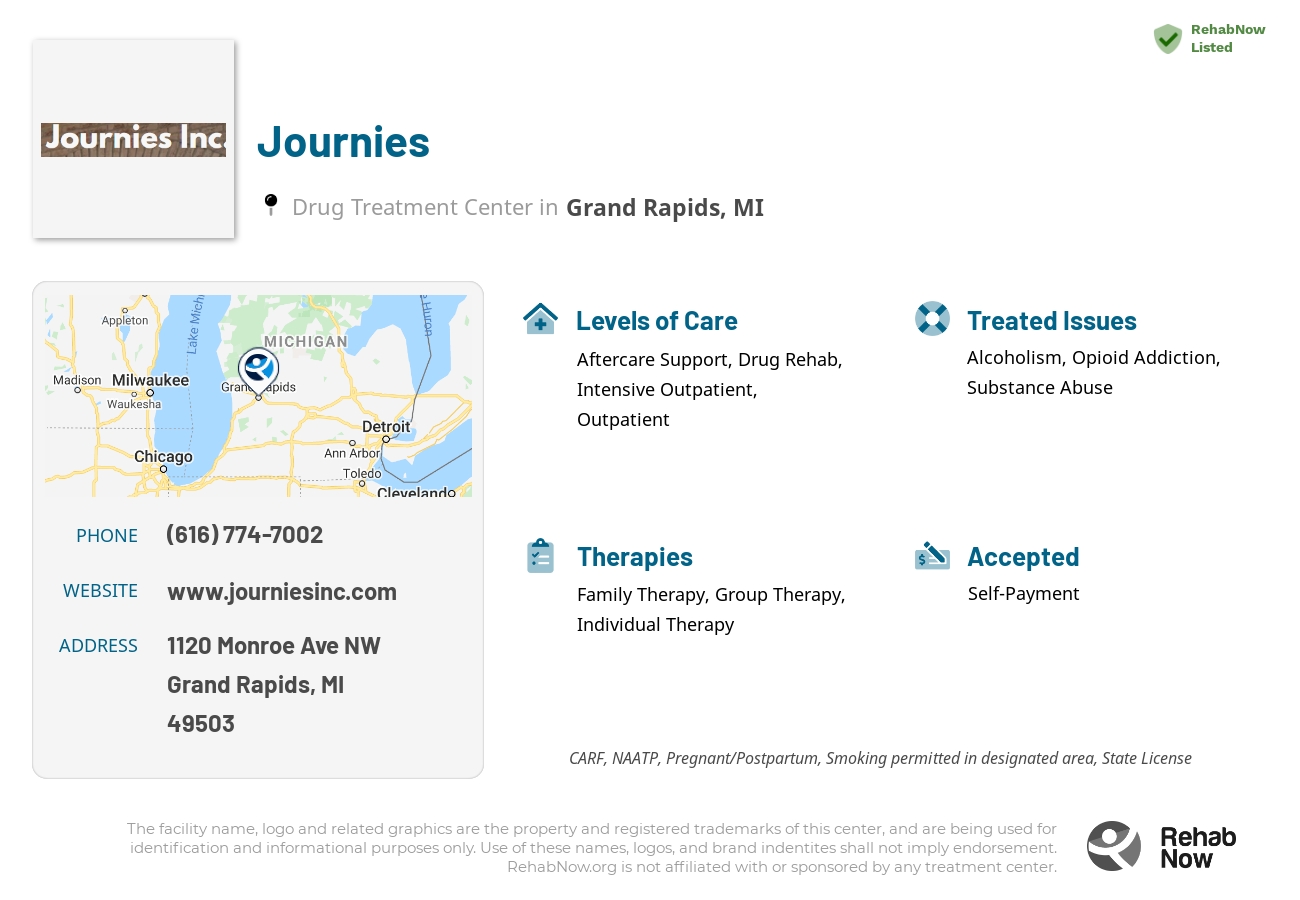 Helpful reference information for Journies, a drug treatment center in Michigan located at: 1120 Monroe Ave NW, Grand Rapids, MI, 49503, including phone numbers, official website, and more. Listed briefly is an overview of Levels of Care, Therapies Offered, Issues Treated, and accepted forms of Payment Methods.