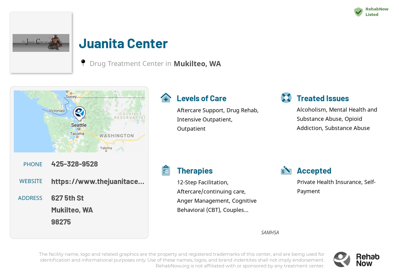 Helpful reference information for Juanita Center, a drug treatment center in Washington located at: 627 5th St, Mukilteo, WA 98275, including phone numbers, official website, and more. Listed briefly is an overview of Levels of Care, Therapies Offered, Issues Treated, and accepted forms of Payment Methods.