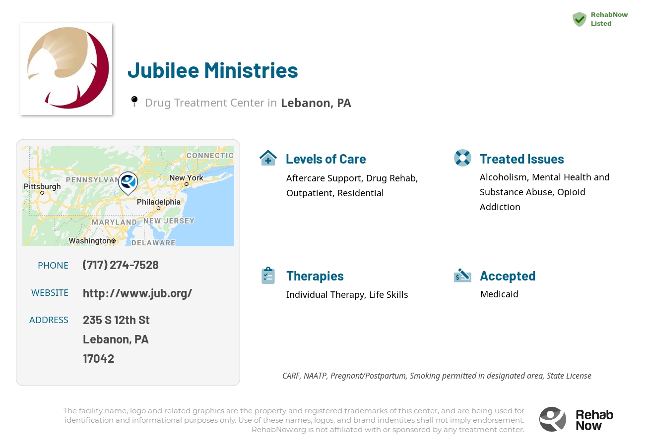 Helpful reference information for Jubilee Ministries, a drug treatment center in Pennsylvania located at: 235 S 12th St, Lebanon, PA 17042, including phone numbers, official website, and more. Listed briefly is an overview of Levels of Care, Therapies Offered, Issues Treated, and accepted forms of Payment Methods.