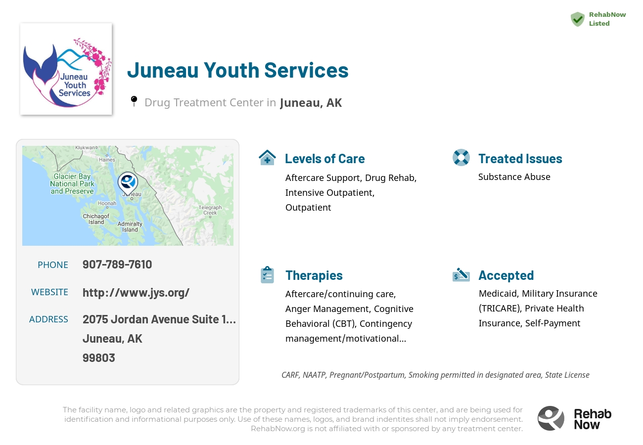 Helpful reference information for Juneau Youth Services, a drug treatment center in Alaska located at: 2075 Jordan Avenue Suite 101, Juneau, AK 99803, including phone numbers, official website, and more. Listed briefly is an overview of Levels of Care, Therapies Offered, Issues Treated, and accepted forms of Payment Methods.