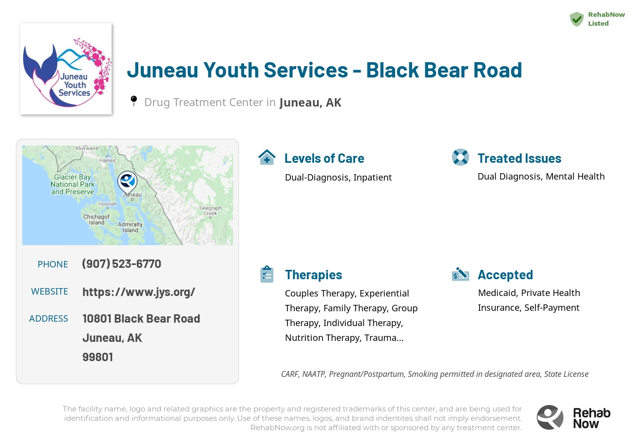 Helpful reference information for Juneau Youth Services - Black Bear Road, a drug treatment center in Alaska located at: 10801 Black Bear Road, Juneau, AK, 99801, including phone numbers, official website, and more. Listed briefly is an overview of Levels of Care, Therapies Offered, Issues Treated, and accepted forms of Payment Methods.