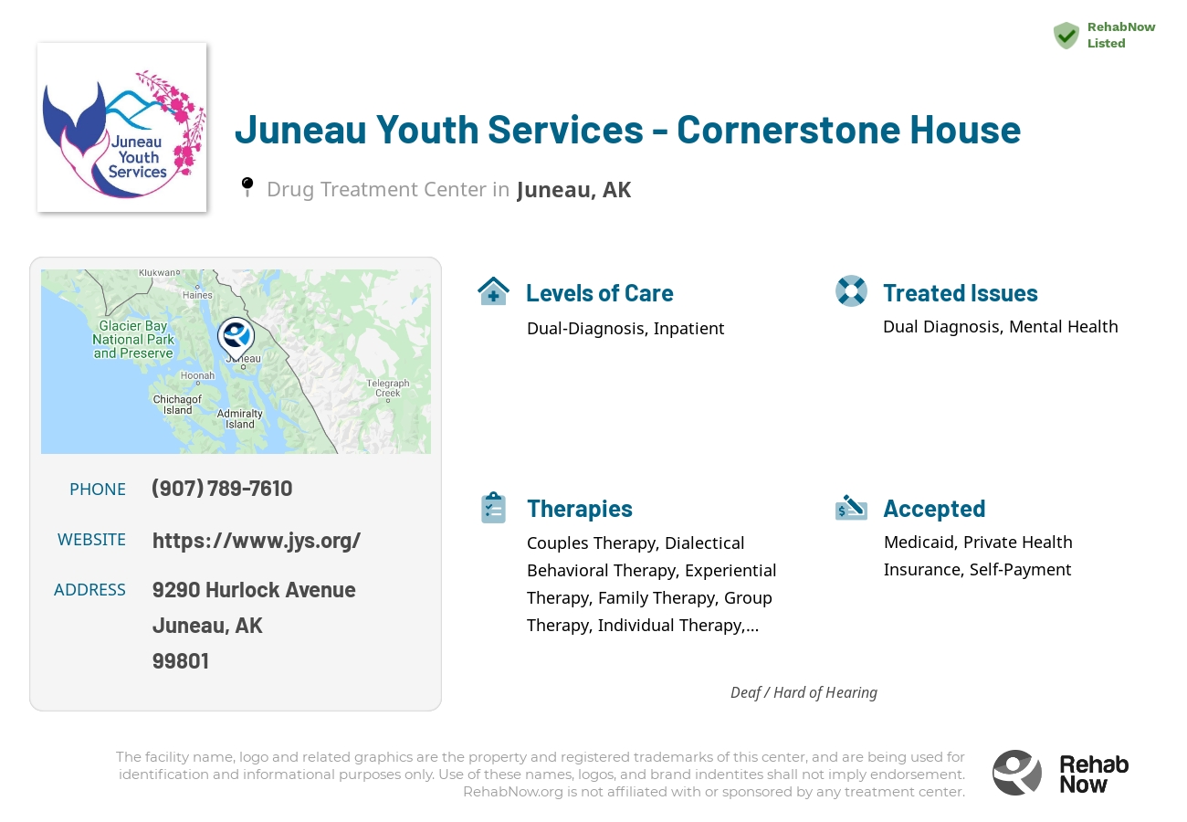 Helpful reference information for Juneau Youth Services - Cornerstone House, a drug treatment center in Alaska located at: 9290 Hurlock Avenue, Juneau, AK, 99801, including phone numbers, official website, and more. Listed briefly is an overview of Levels of Care, Therapies Offered, Issues Treated, and accepted forms of Payment Methods.